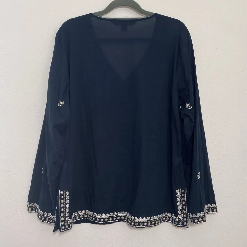 Express Womens Cotton Babydoll Bell Sleeve V Neck Sequin Top Size L Y2K Fairy - Picture 8 of 12